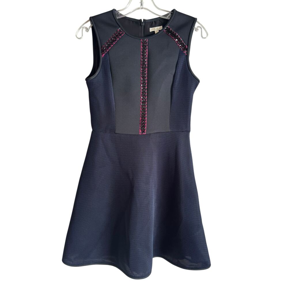 Shoshanna Short Fit N Flare Mini Dress Beaded Navy Blue Party Size 4 Sleeveless